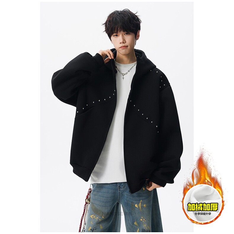 480G重磅加绒硬挺boxy男女秋冬美式高街卫衣铆钉拼接开衫厚外套，女装短外套，电商A486-1