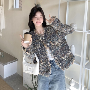法式流苏小香风外套女2025春季新款富家千金感穿搭粗花呢编织上衣图片