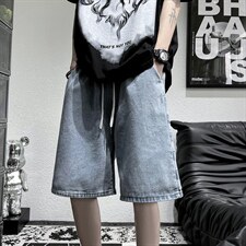 夏季拼接牛仔短裤男棋盘格美式高街小众宽松休闲五分裤K3377-P33，男装牛仔裤，星座512-2