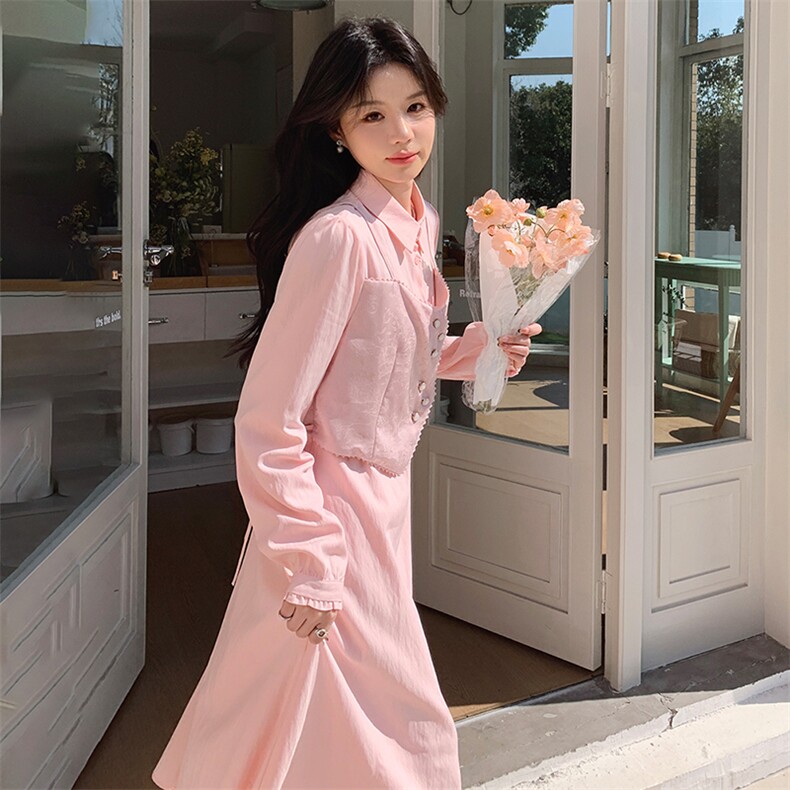 粉色马甲拼接假两件连衣裙女2025春季新款法式温柔风小个子衬衫裙,女装套装/套裙,浙宝305