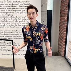 2021夏季社会风中袖花衬衫男士修身七分袖半袖衬衣A470-CS12，男装衬衫，电商A207