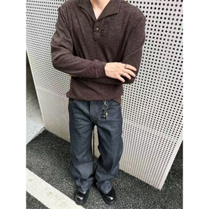 现货~老钱风罗马格意式一片领猫眼宝石扣polo长袖男~C25231批55图片