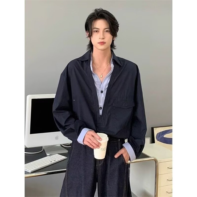 马登工装美式休闲半开襟立领卫衣慵懒风翻领纯色针织Polo衫男春秋，男装Polo衫，星座506A