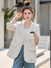 2025春新款新中式刺绣西装外套女高级感显瘦V领气质西服上衣，女装西装，妙形
