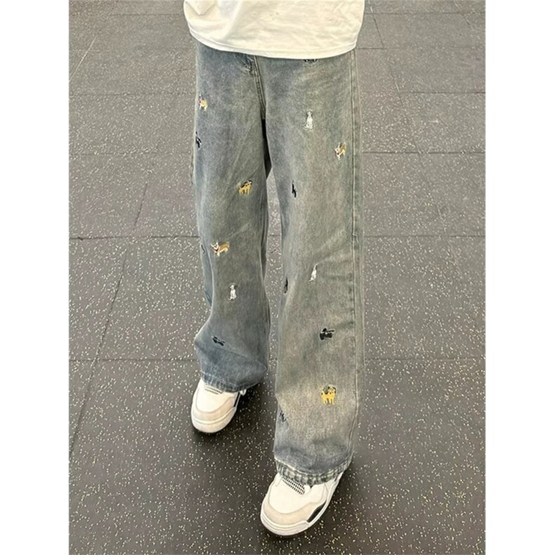 网图有货美式小狗刺绣牛仔裤男水洗宽松直筒休闲裤女A651-P43，男装牛仔裤，星座1505
