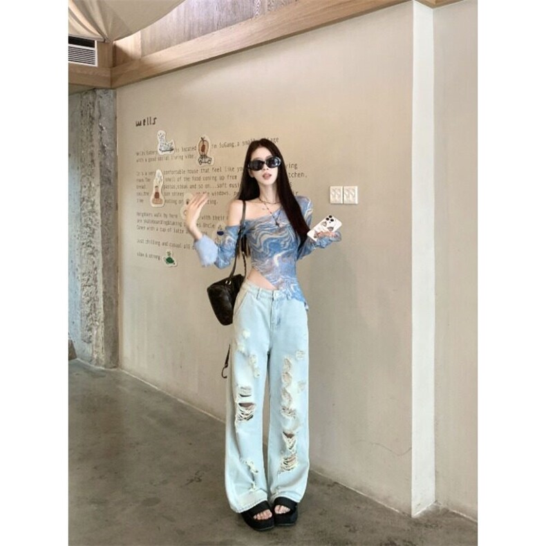 辣妹美式复古露肩长袖T恤女夏季不规则修身性感防晒网纱罩衫上衣,女装T恤,星座506A