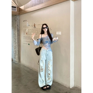 辣妹美式复古露肩长袖T恤女夏季不规则修身性感防晒网纱罩衫上衣图片