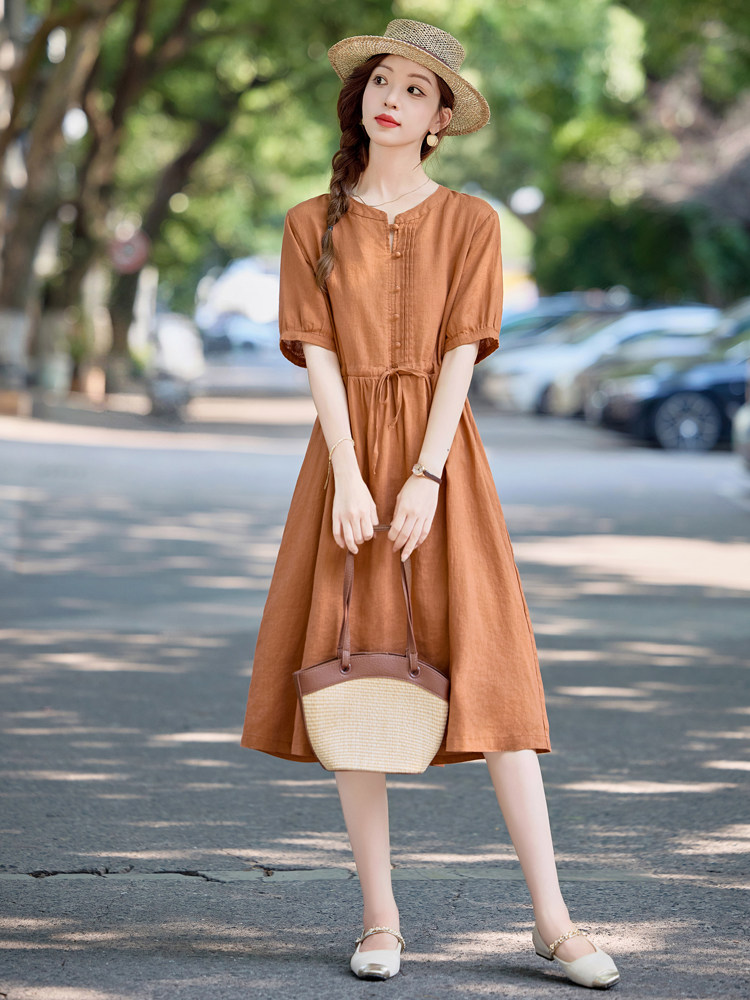 文艺风简约休闲纯色棉麻连衣裙女2025夏新款气质抽绳收腰显瘦裙子,女装连衣裙,依万里