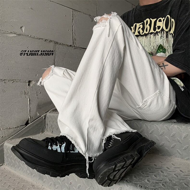 B221美式ins高街简约小众设计毛边破洞牛仔裤LK23067-P60控78,男装牛仔裤,电商B221