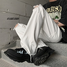 B221美式ins高街简约小众设计毛边破洞牛仔裤LK23067-P60控78，男装牛仔裤，电商B221