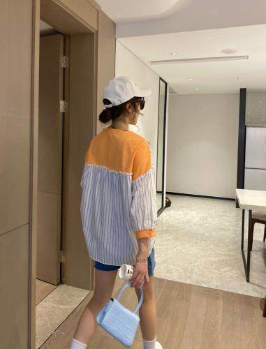 【现货】夏季新款针织衬衫竖条拼接款字母刺绣时尚休闲圆领卫衣，女装衬衫，微迪菲