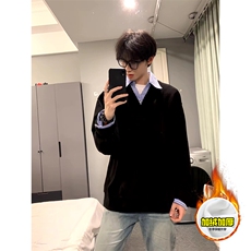 重磅加绒硬挺boxy男女美式高街假两件衬衫领长袖卫衣POLO领打底衫，男装T恤，电商A486