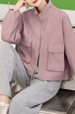 欧货立领皮衣外套女2025春秋新款小个子休闲宽松百搭机车夹克上衣，女装皮衣，美拉德工厂直营店