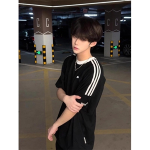 抖音得物品质 夏季美式高街纯棉三条杠织带男女短袖T恤 ZD588特25图片
