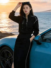 个性简约时尚减龄套装女春季新款连帽短款卫衣开叉半身长裙两件套，女装套装/套裙，江南