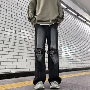 小众复古做旧立体拼接膝盖破洞皮带绑带设计美式 NK833 P52图片