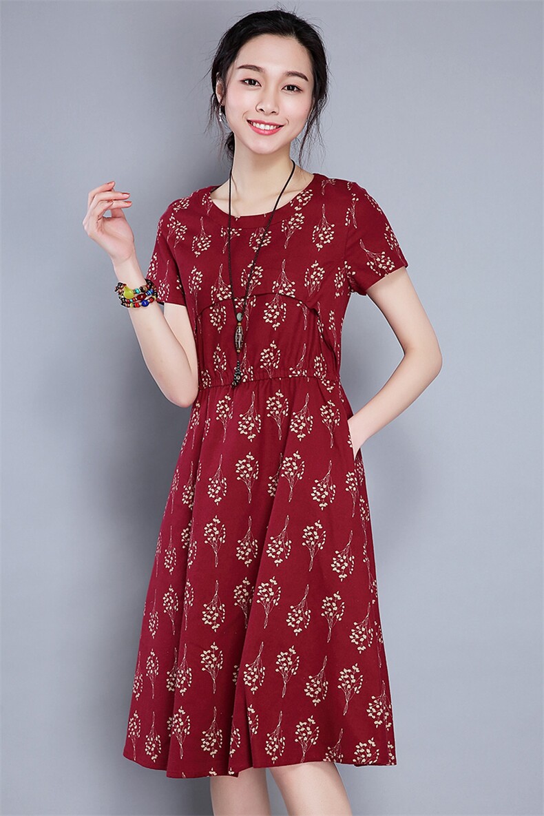 2021年夏季短袖中长款印花A型花色圆领松紧腰套头简约连衣裙,女装连衣裙,丽影随形