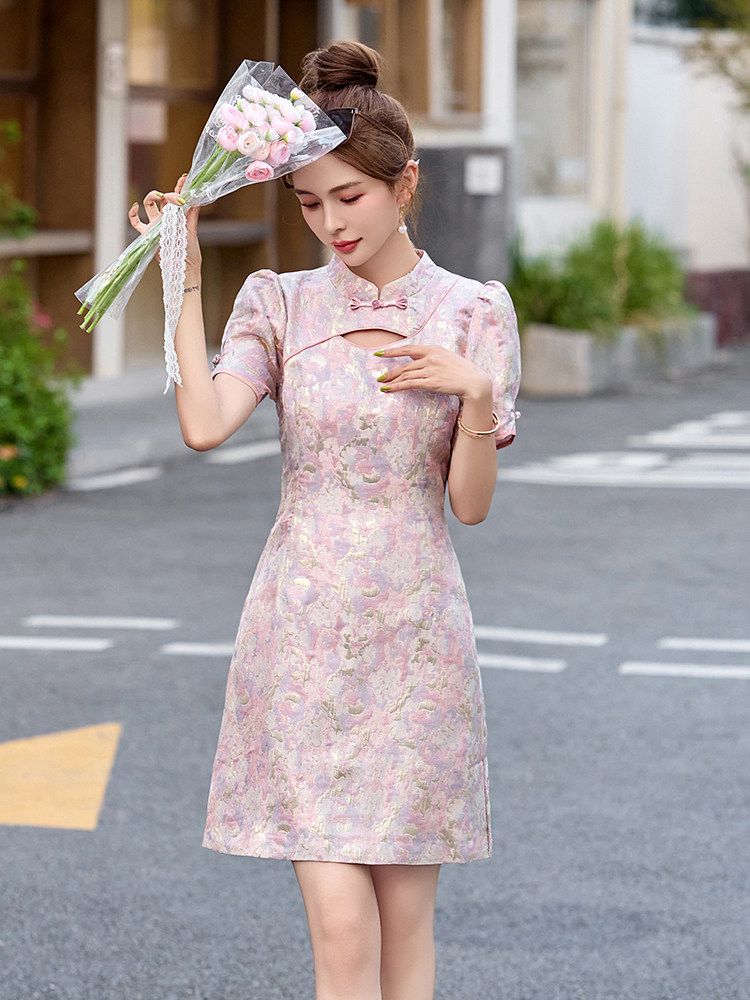 新中式改良旗袍连衣裙女夏季小个子国风2024新款气质显瘦日常可穿,女装连衣裙,依多米
