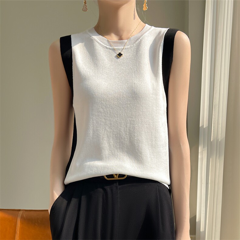 夏季吊带背心女拼色圆领薄款无袖天丝宽松冰丝针织衫内搭上衣外穿，女装背心吊带，优麦羊绒（原洪叶羊绒）