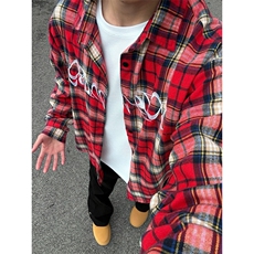 CS18LL-P45cleanfit红色格子衬衫男款美式复古刺绣长袖衬衣外套，男装衬衫，星座1007（原301D）