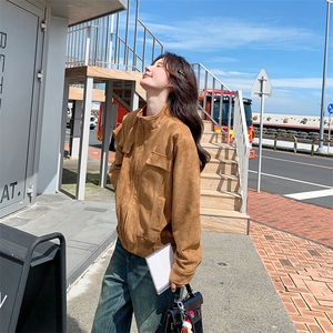 现货麂皮绒夹克女短款2025秋季新款韩版复古休闲时尚设计感外套图片
