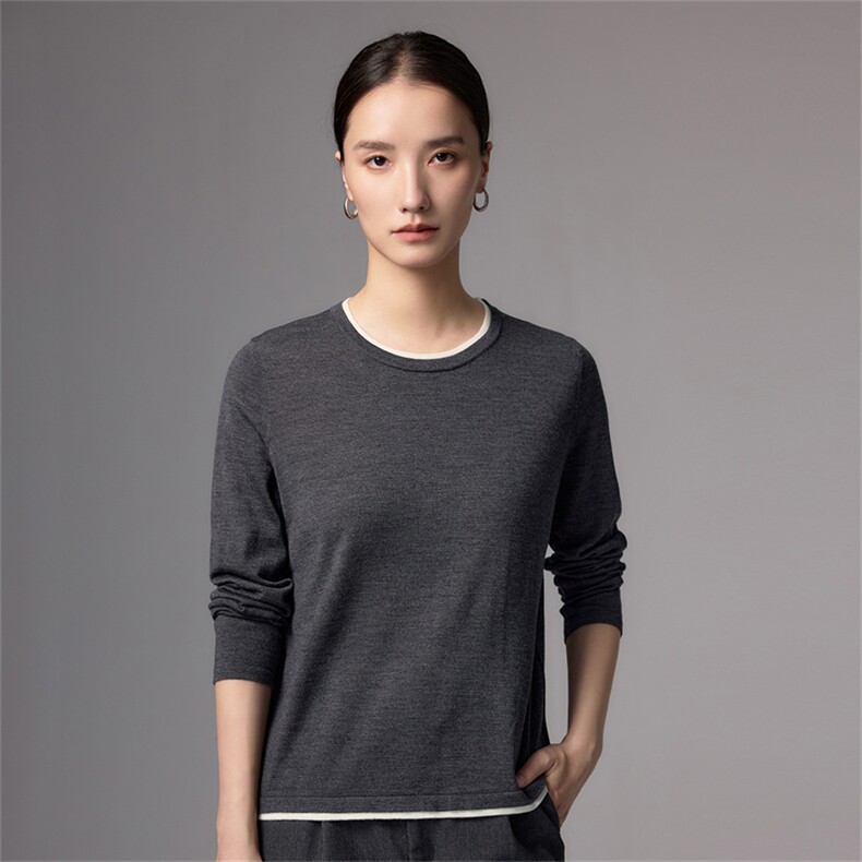 法式撞色边假两件100纯羊毛衫女25新款高端精纺薄款长袖打底毛衣，女装羊毛衫，蚂蚁派对工厂直营店