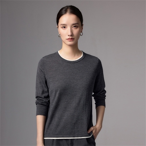 法式撞色边假两件100纯羊毛衫女25新款高端精纺薄款长袖打底毛衣，女装羊毛衫，蚂蚁派对工厂直营店