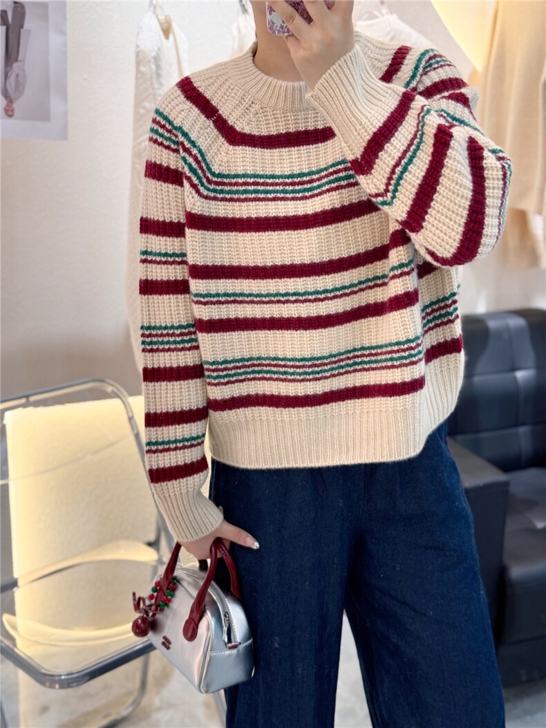 羊绒衫女羊绒圆领条纹内搭毛衣百搭针织打底上衣,女装羊绒衫,大千羊绒