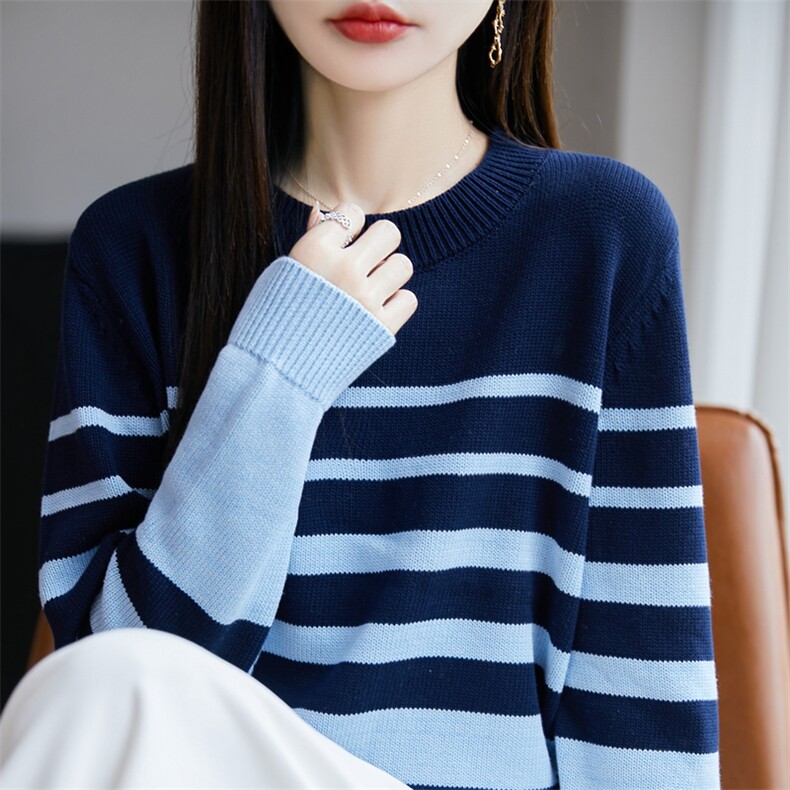 秋新款100%全棉条纹针织衫女圆领宽松洋气打底衫时尚拼色纯棉毛衣,针织衫/毛衣,长今羊