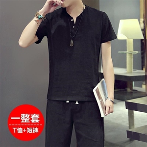 风两件套夏季短袖套装男士宽松亚麻古装汉服衣服禅服唐装p20图片