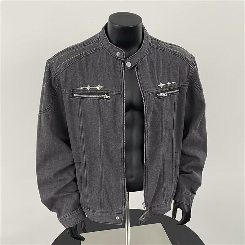 春秋复古做旧水洗牛仔短款牛仔外套金属设计无领夹克QB17P78，男装夹克，星座1116-2