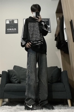 港风日系复古宽松潮流百搭阔腿休闲牛仔裤XZ213-NZBZ03-P60控78，男装牛仔裤，星座213