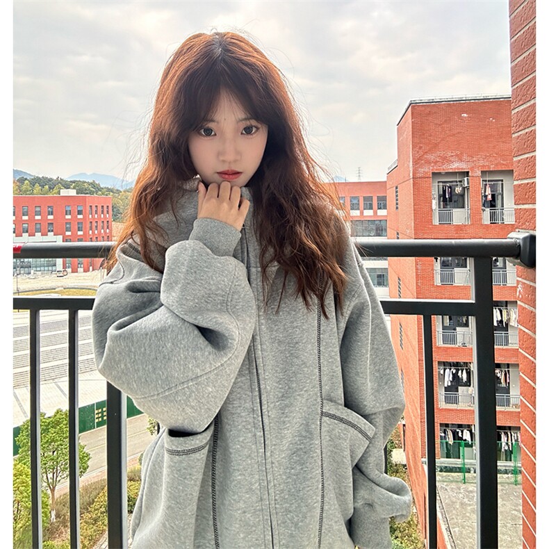 抖音得物高品质秋冬美式高街重磅结构辑明线纹理连帽卫衣外套W111图片