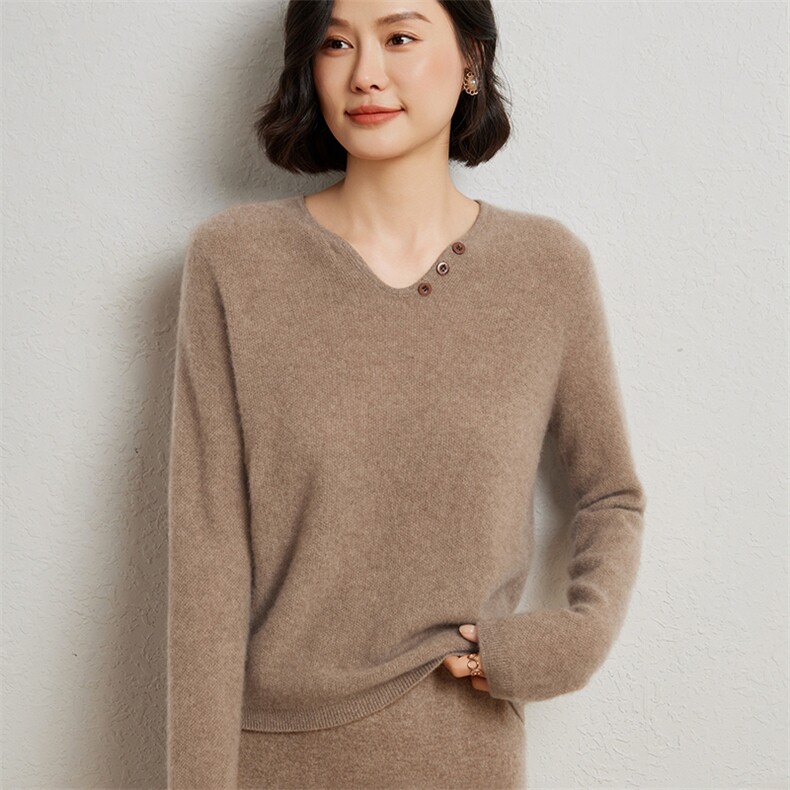 时尚优雅女士衫10%带扣套头设计显瘦百搭秋冬必备,女装羊绒衫,臻维羊绒