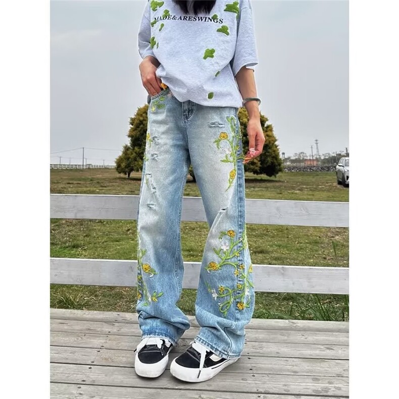 花卉刺绣牛仔裤男女潮牌宽松垂感直筒休闲百搭长裤子图片