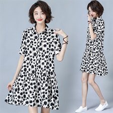 中长款时尚潮流舒适连衣裙2025年夏季圆点短袖衬衣简约优雅，女装连衣裙，风姿绰