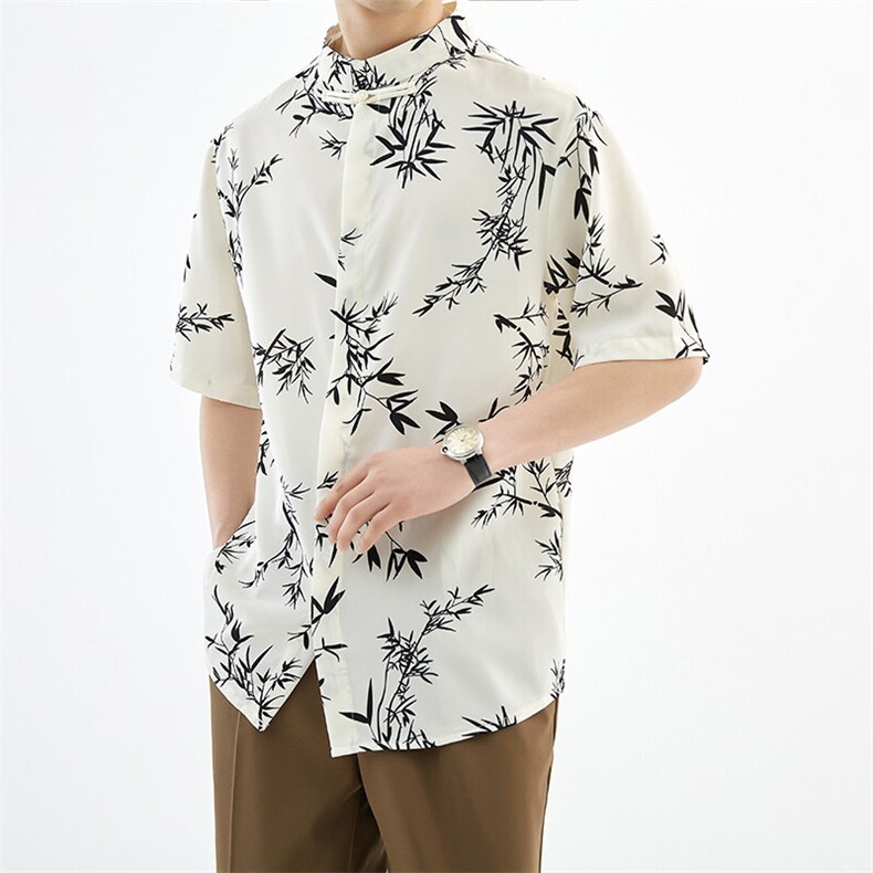 夏季新中式风立领竹叶短袖衬衫男冰丝衬衣A236-0830-特P35,男装T恤,电商A236