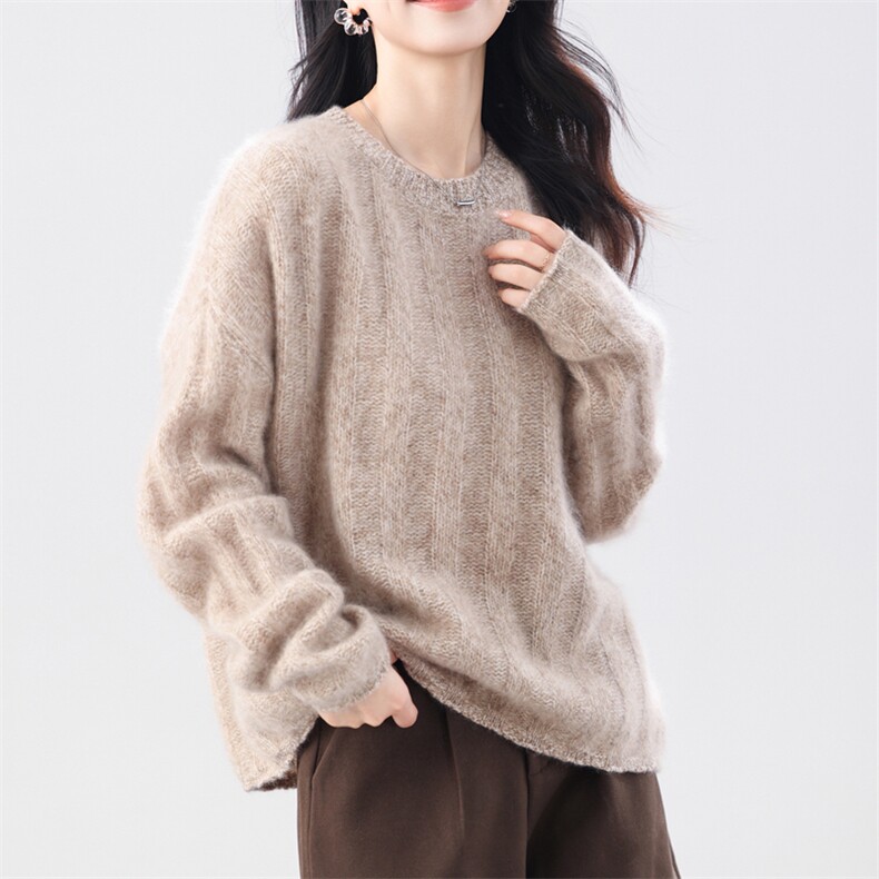2025年秋季时尚百搭通勤简约休闲坑条圆领，女装羊毛衫，昭美羊绒