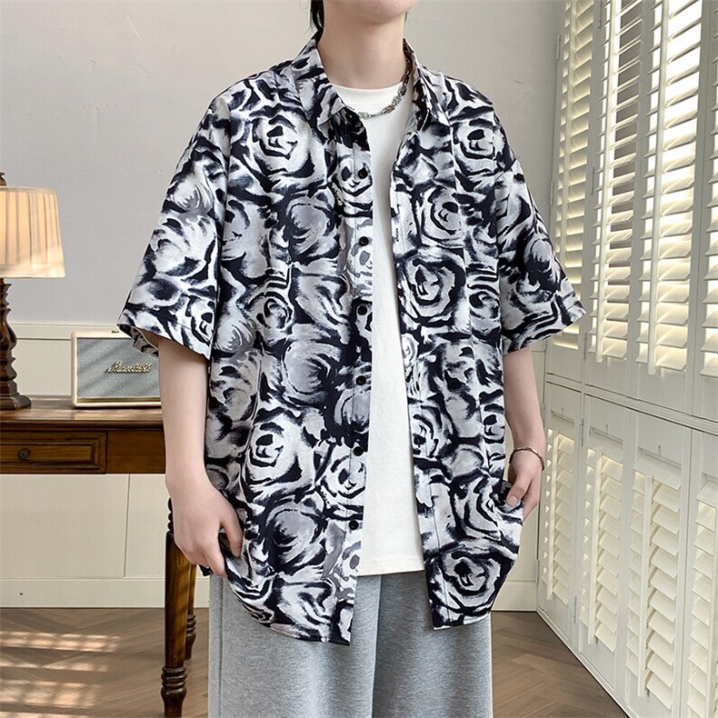 精品花衬衫男短袖夏季痞帅休闲上衣服外套翻领大码衬衣男A012/P35图片