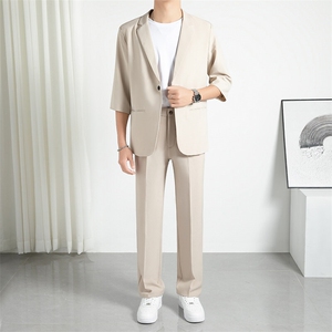 TW051-P95 2025夏季时尚痞帅轻熟风男士宽松七分袖西服套装两件套图片