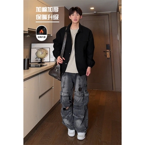 秋冬新款加棉加厚毛呢外套男港风复古休闲翻领夹克-A1550P80控128图片