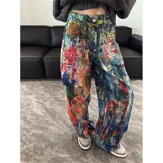美式涂鸦油画牛仔裤男女设计感小众油漆直筒休闲裤潮L88299-P63，男装牛仔裤，星座1008