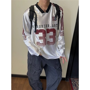 2025时尚美式复古泽西风V领拼接长袖T恤男女夏季宽松运动透气球衣图片