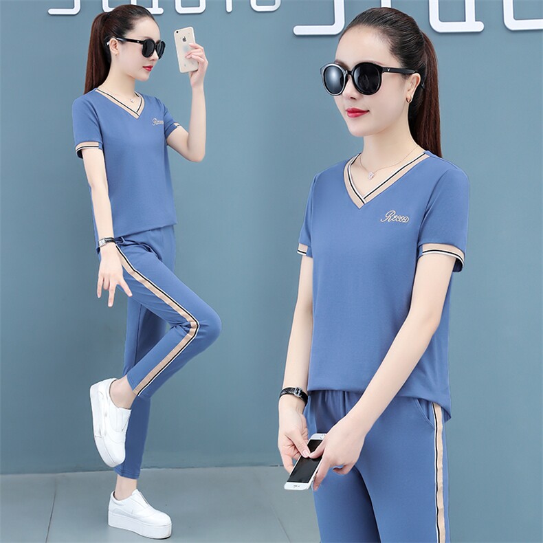 休闲运动套装女夏2023新款韩版时尚短袖七分裤两件套洋气跑步服潮,女装套装/套裙,燕颉服饰