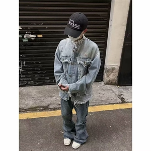 水洗做旧流苏毛边牛仔夹克男女复古潮牌情侣外套上衣GG8896 P84图片