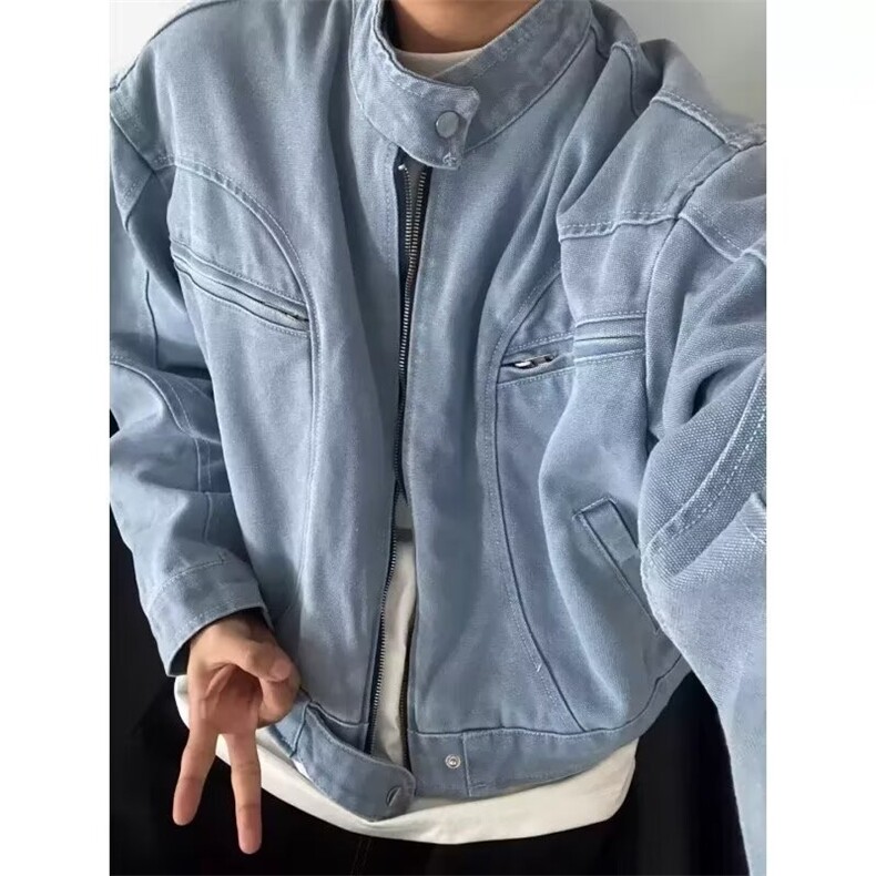 美式复古重磅水洗哈灵顿夹克男宽松痞帅短款牛仔外套WJK9333图片