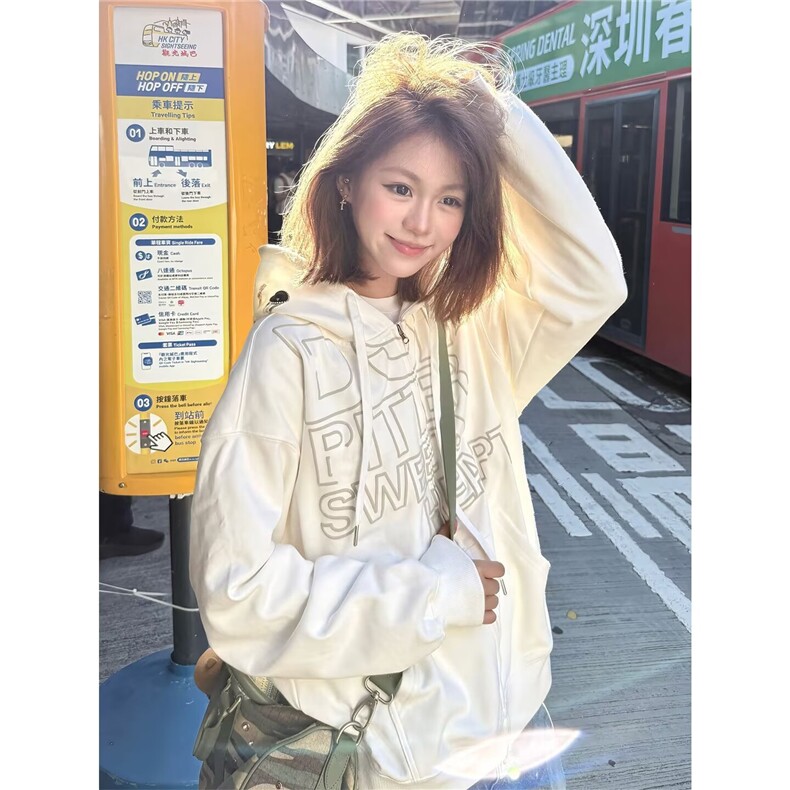 新款美式复古开衫卫衣男女2025秋季宽松外套高街设计感印花上衣图片