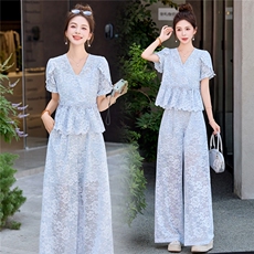 小香风蕾丝套装女夏轻奢高级感名媛气质女神范高端阔腿裤子两件套，女装套装/套裙，伊仟回