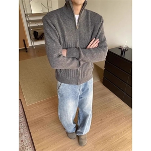 美式复古简约针织衫秋冬季百搭拉德立领拉链开衫宽松毛衣外套上衣图片