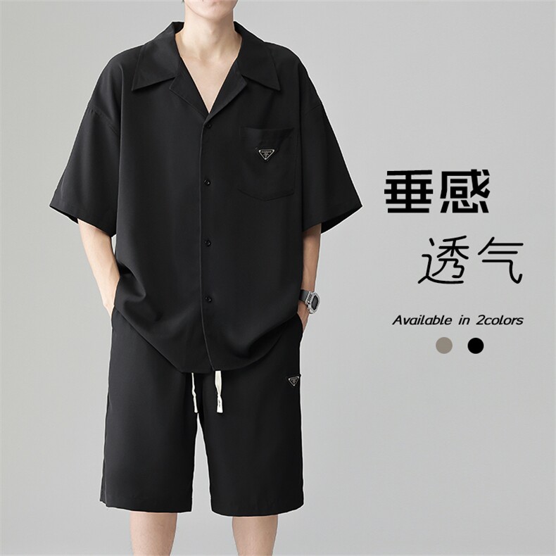 夏新凉感透气冰丝短袖衬衫短裤男潮牌纯色透气两件套装TZ098-P65图片
